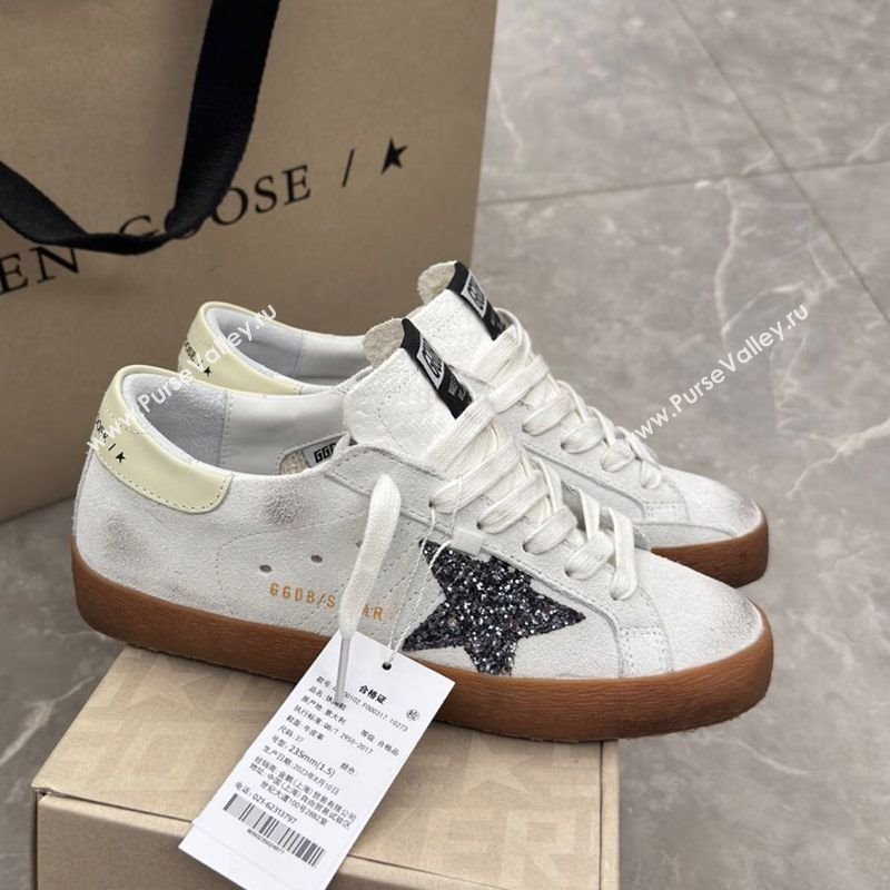 Golden Goose Womens Super-Star Sneakers in white suede with black glitter star 2025 0221 (13-250221008)
