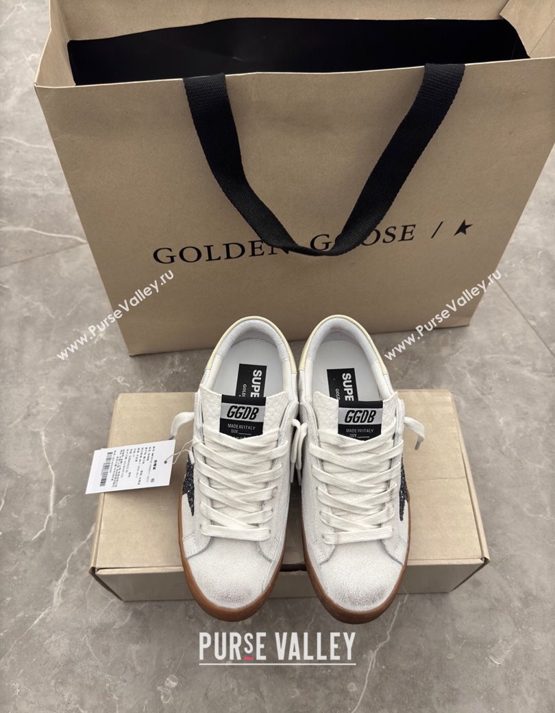 Golden Goose Womens Super-Star Sneakers in white suede with black glitter star 2025 0221 (13-250221008)