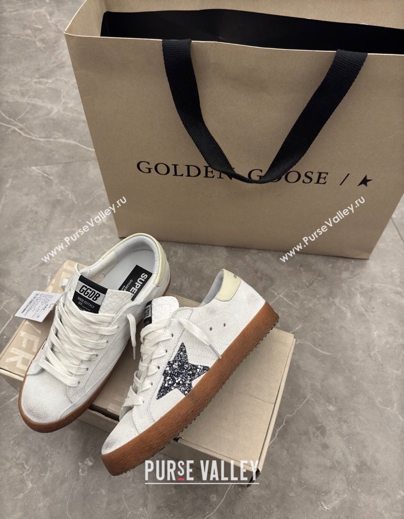 Golden Goose Womens Super-Star Sneakers in white suede with black glitter star 2025 0221 (13-250221008)