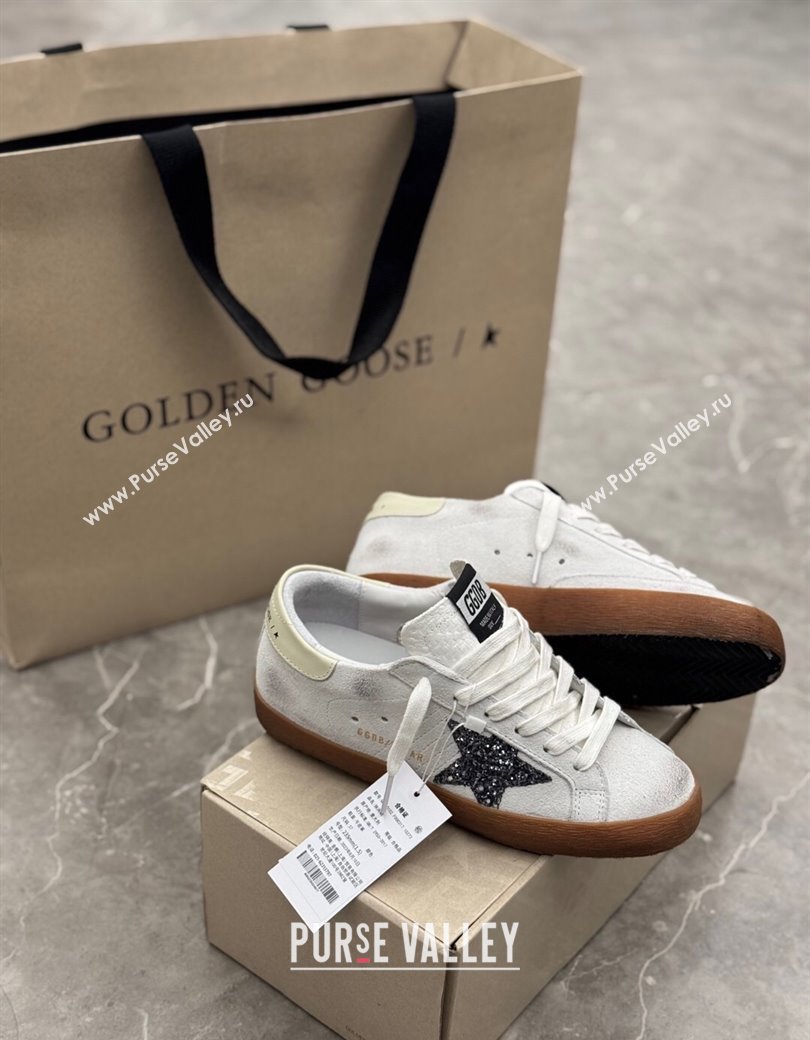 Golden Goose Womens Super-Star Sneakers in white suede with black glitter star 2025 0221 (13-250221008)