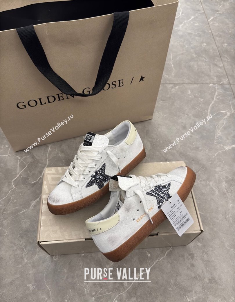 Golden Goose Womens Super-Star Sneakers in white suede with black glitter star 2025 0221 (13-250221008)