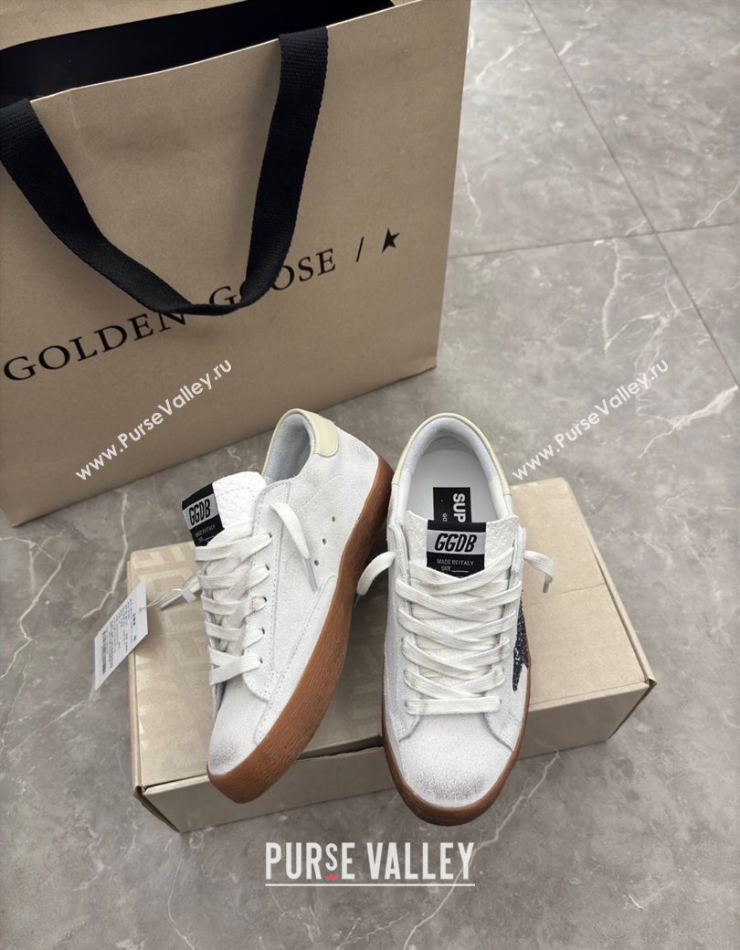 Golden Goose Womens Super-Star Sneakers in white suede with black glitter star 2025 0221 (13-250221008)