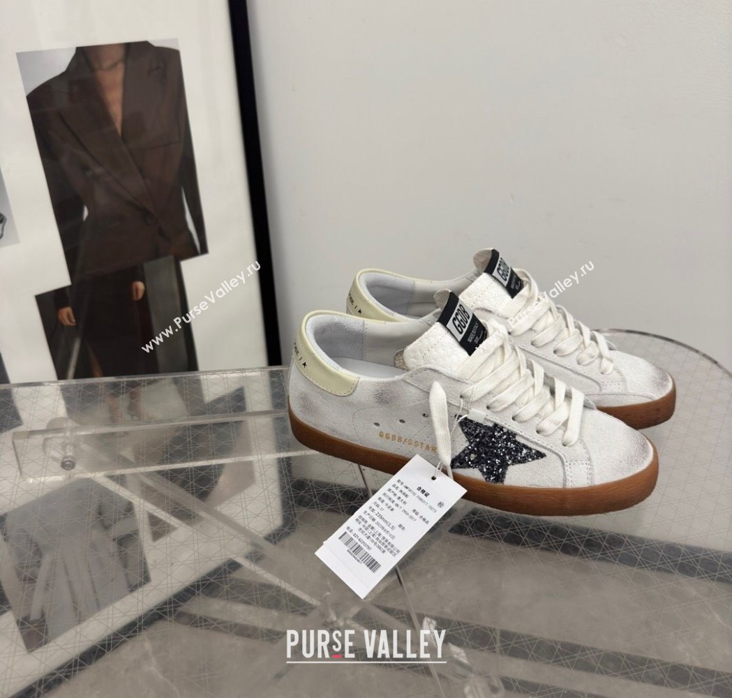 Golden Goose Womens Super-Star Sneakers in white suede with black glitter star 2025 0221 (13-250221008)