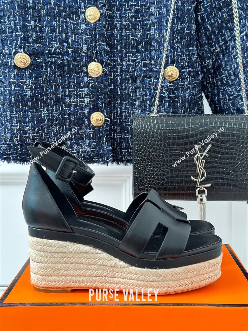 Hermes Elda Smooth Calfskin Platform Wedge Sandals Black 2024 (MD-24052307)