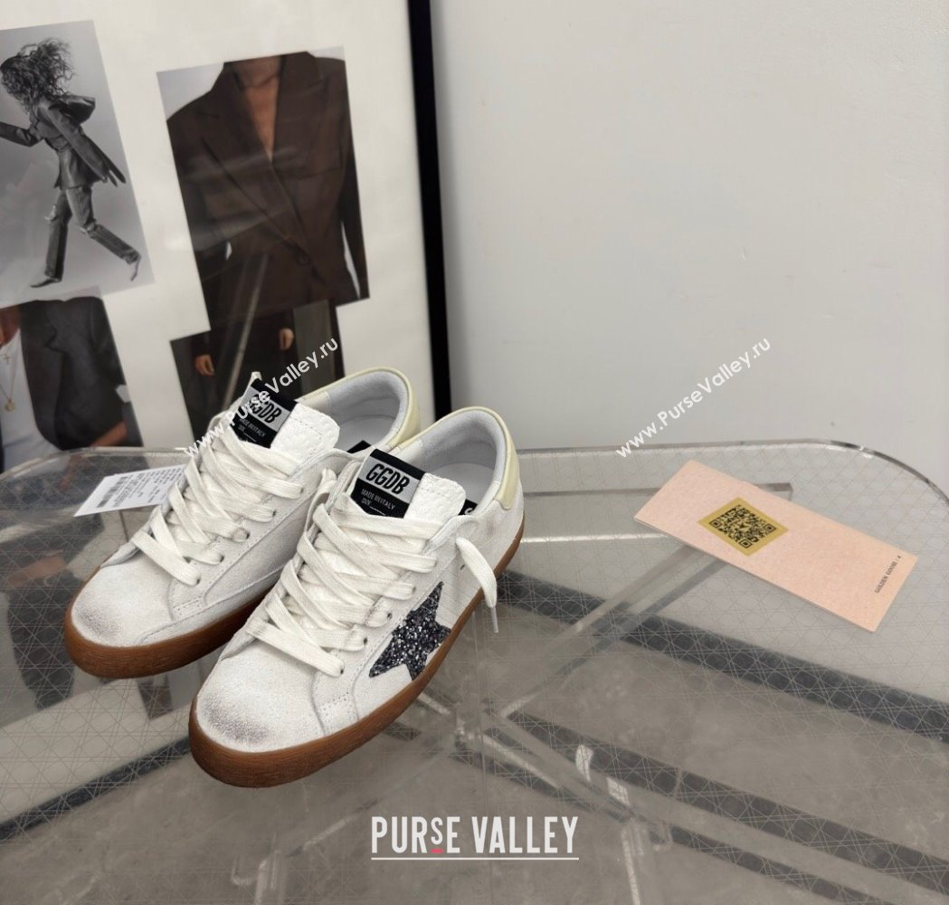 Golden Goose Womens Super-Star Sneakers in white suede with black glitter star 2025 0221 (13-250221008)