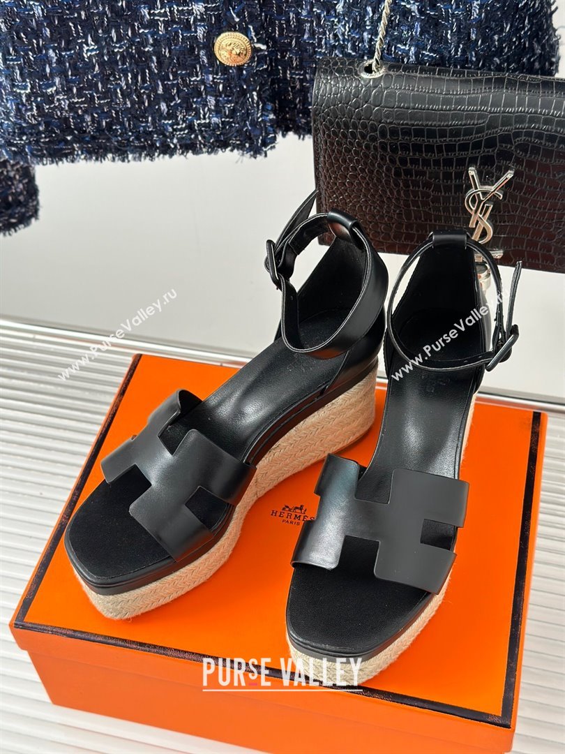 Hermes Elda Smooth Calfskin Platform Wedge Sandals Black 2024 (MD-24052307)