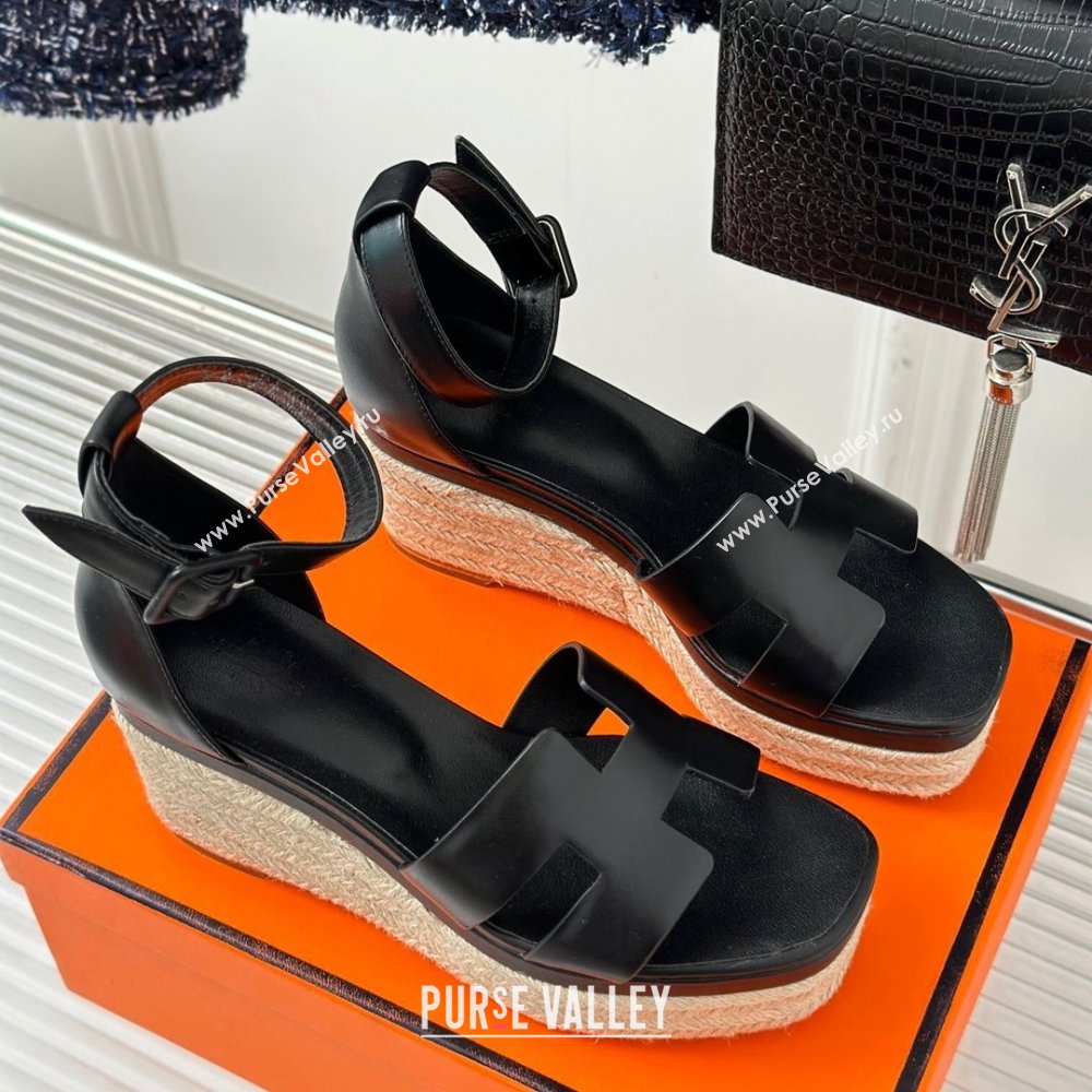 Hermes Elda Smooth Calfskin Platform Wedge Sandals Black 2024 (MD-24052307)