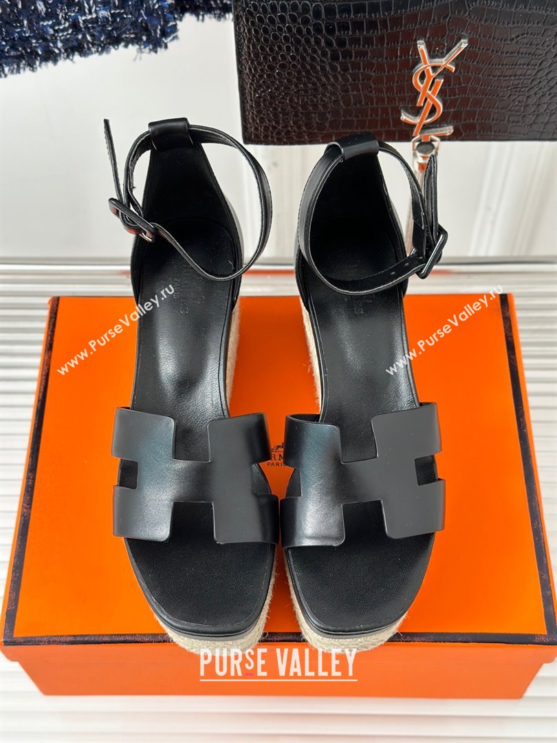 Hermes Elda Smooth Calfskin Platform Wedge Sandals Black 2024 (MD-24052307)