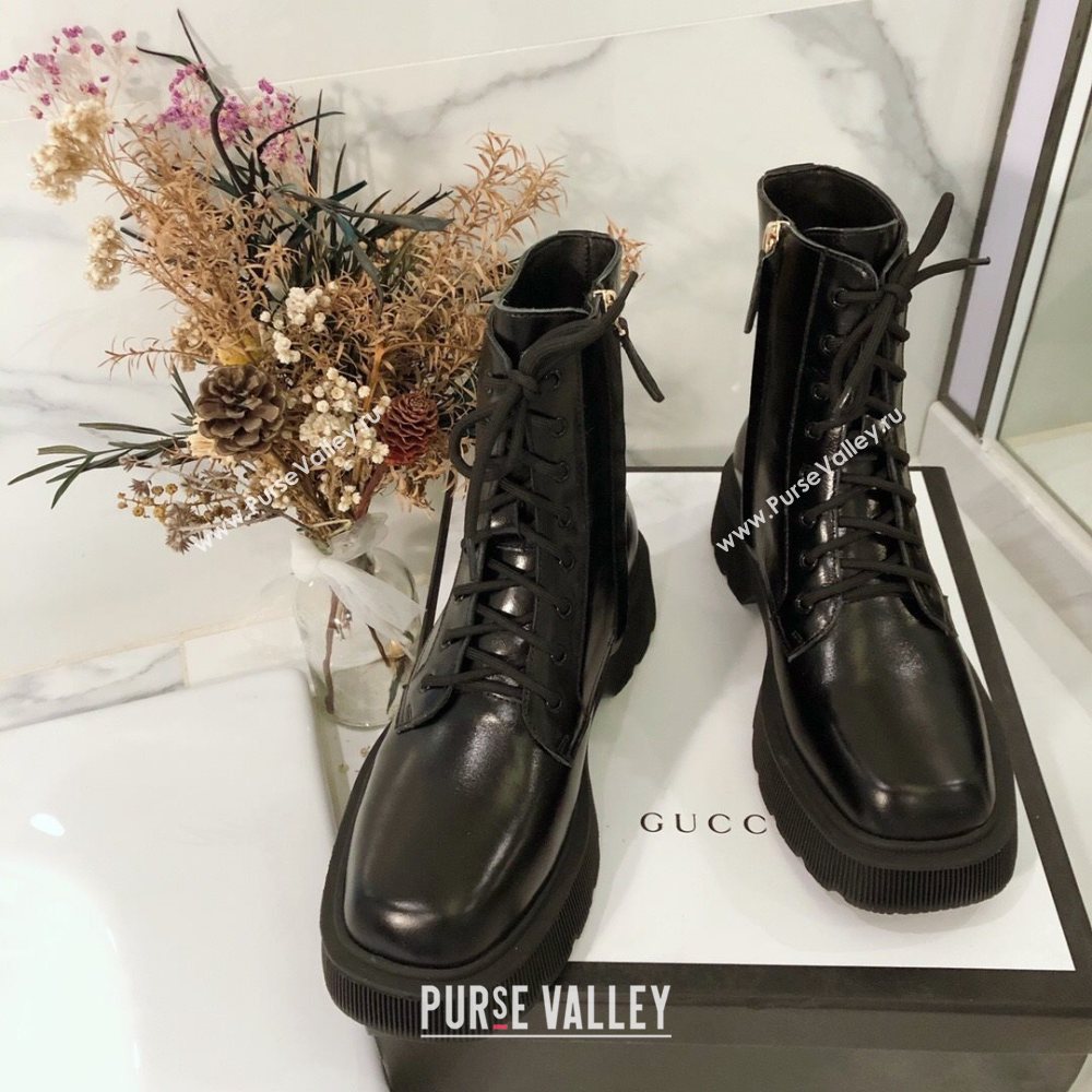 Gucci Oily Leathe Lace-up Short Boots Black 2020 (MD-20120149)