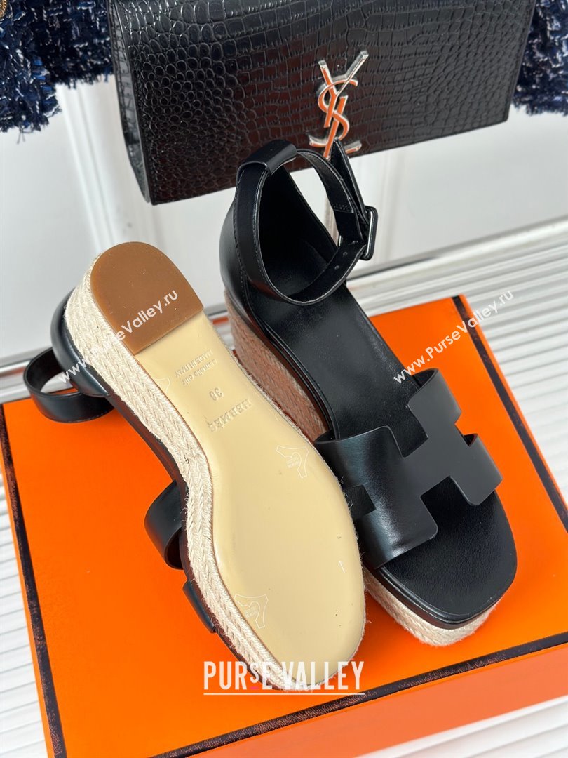 Hermes Elda Smooth Calfskin Platform Wedge Sandals Black 2024 (MD-24052307)