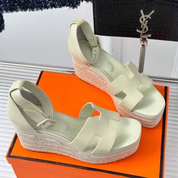 Hermes Elda Smooth Calfskin Platform Wedge Sandals Beige 2024 (MD-24052306)