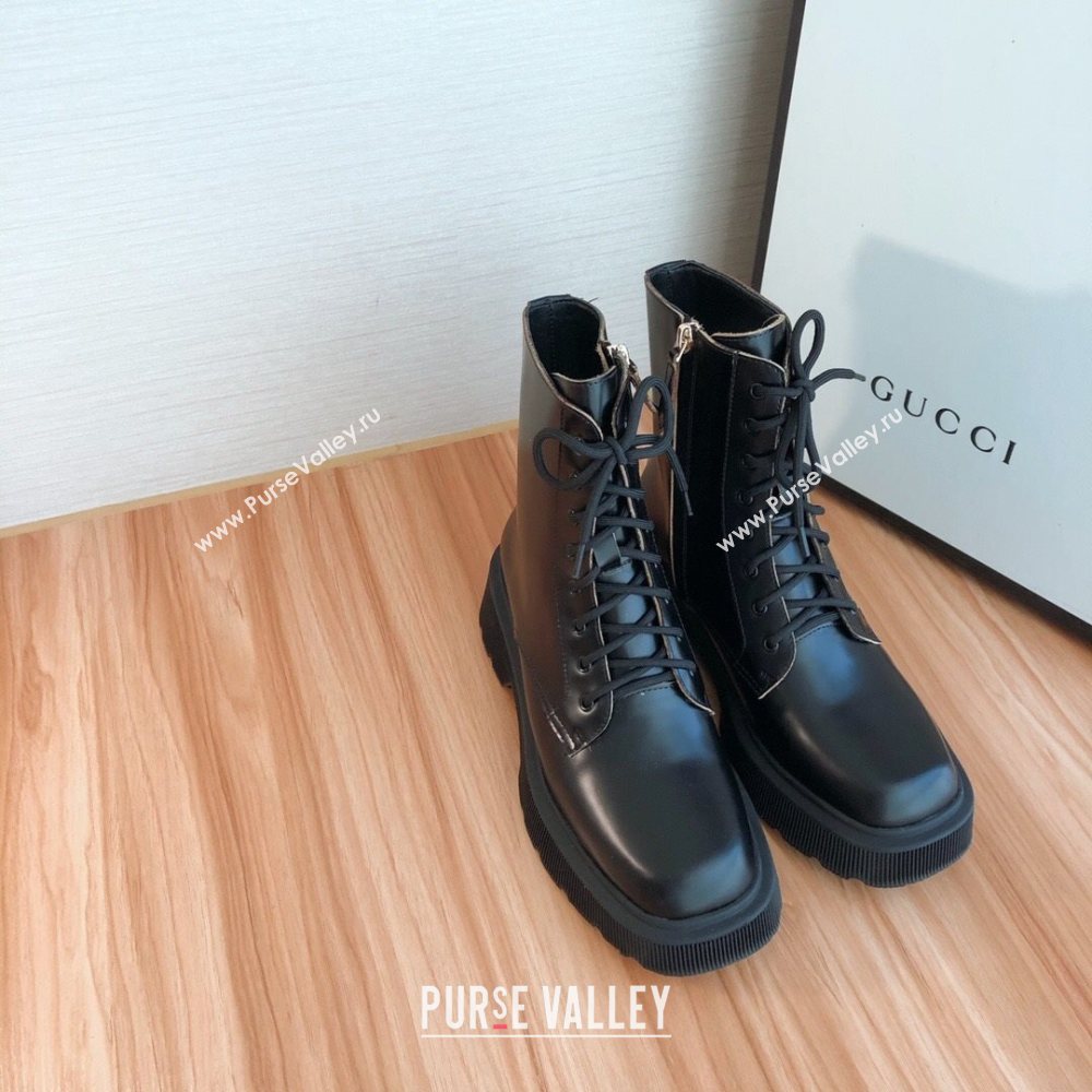 Gucci Shiny Leathe Lace-up Short Boots Black 2020 (MD-20120151)