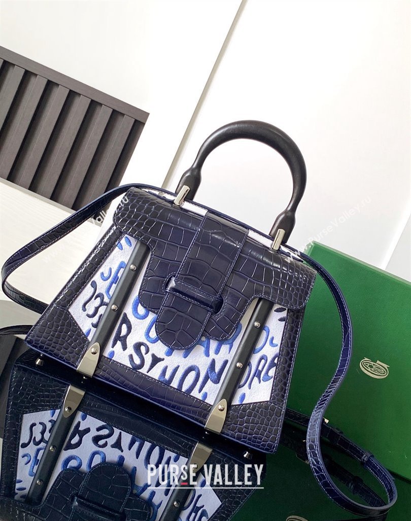 Goyard Saigon PM Top Handle Bag in Embroidery and Crocodile Embossed Leather Navy Blue 2024 020186 (ZHANG-240920094)