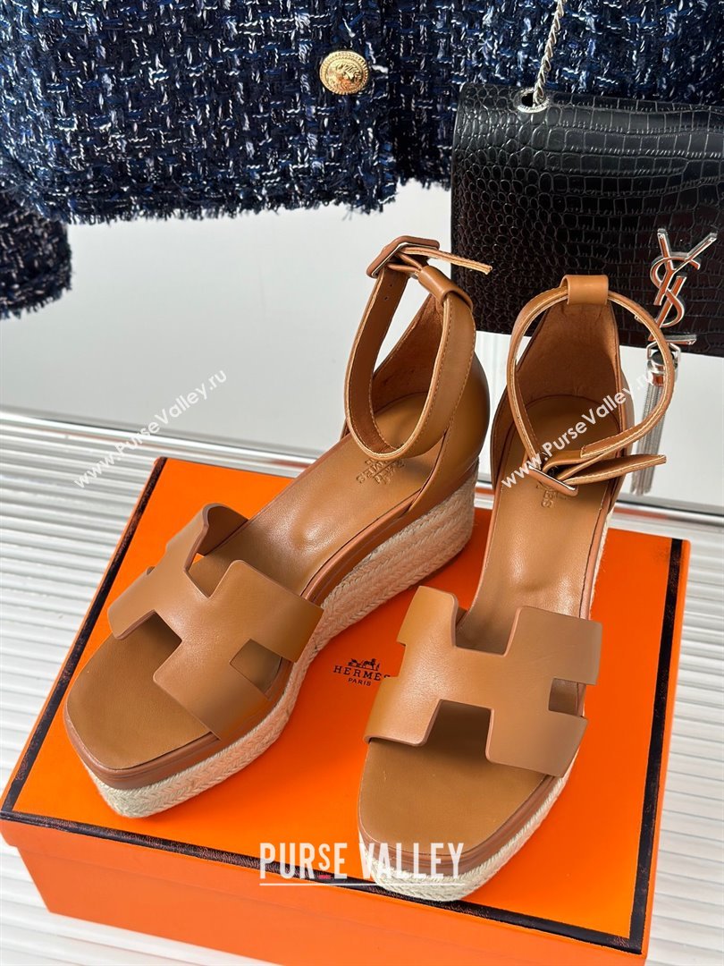 Hermes Elda Smooth Calfskin Platform Wedge Sandals Brown 2024 (MD-24052305)