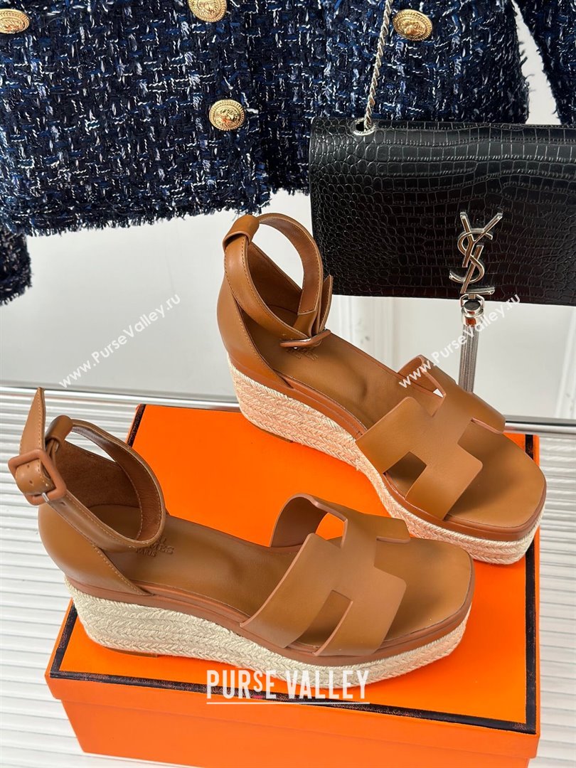 Hermes Elda Smooth Calfskin Platform Wedge Sandals Brown 2024 (MD-24052305)