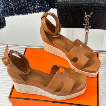 Hermes Elda Smooth Calfskin Platform Wedge Sandals Brown 2024 (MD-24052305)