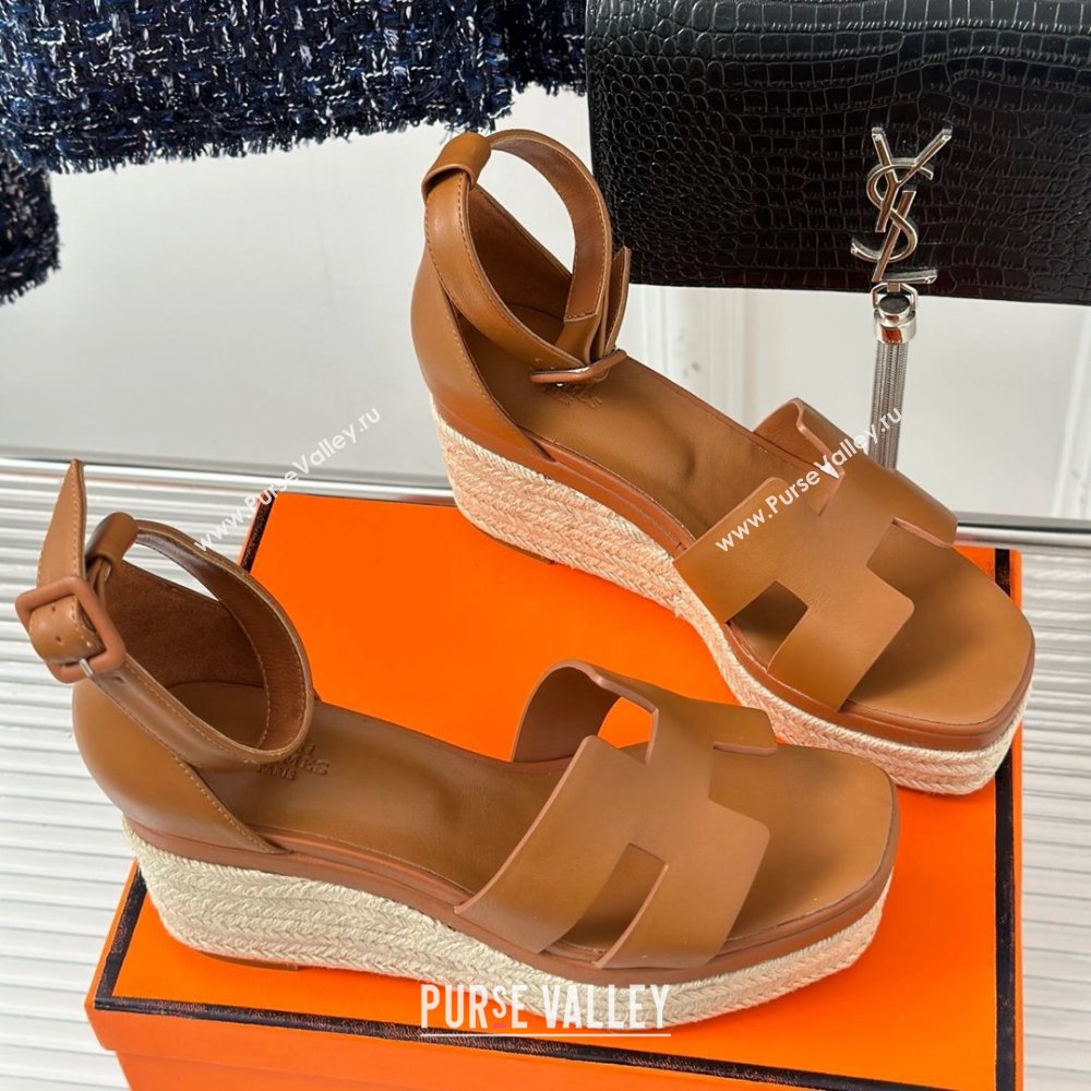 Hermes Elda Smooth Calfskin Platform Wedge Sandals Brown 2024 (MD-24052305)