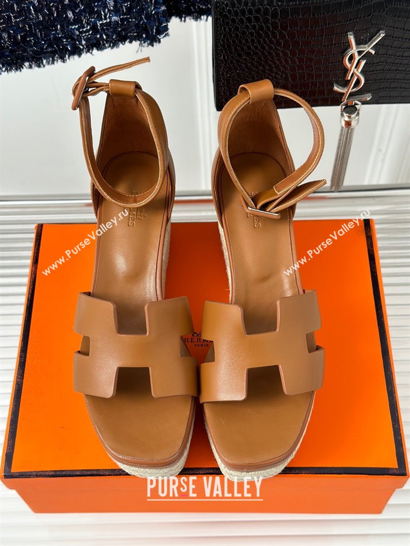 Hermes Elda Smooth Calfskin Platform Wedge Sandals Brown 2024 (MD-24052305)