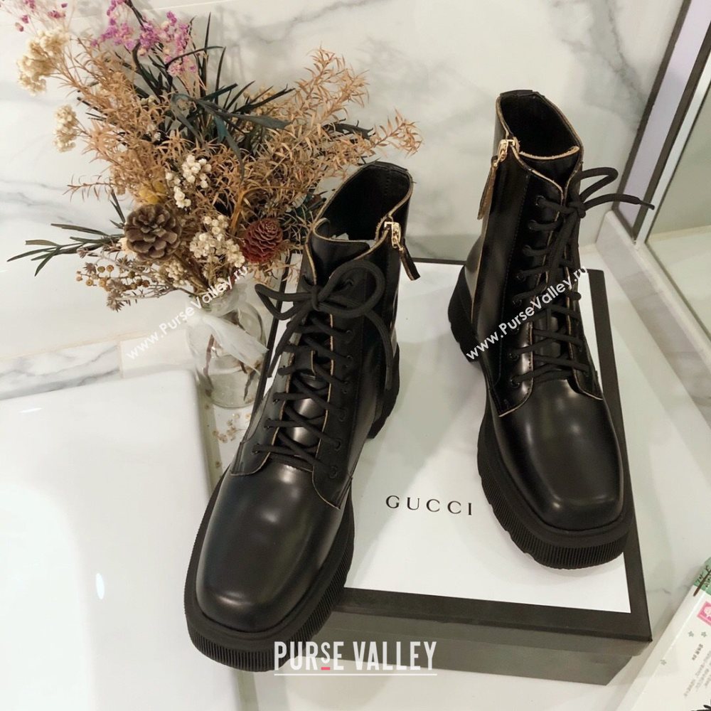 Gucci Shiny Leathe Lace-up Short Boots Black 2020 (MD-20120151)