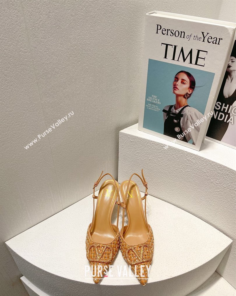 Valentino VLogo Slingback Pumps 7.5cm in Woven Calfskin with Crystals Beige 2023 VT102701 (MD-231027034)