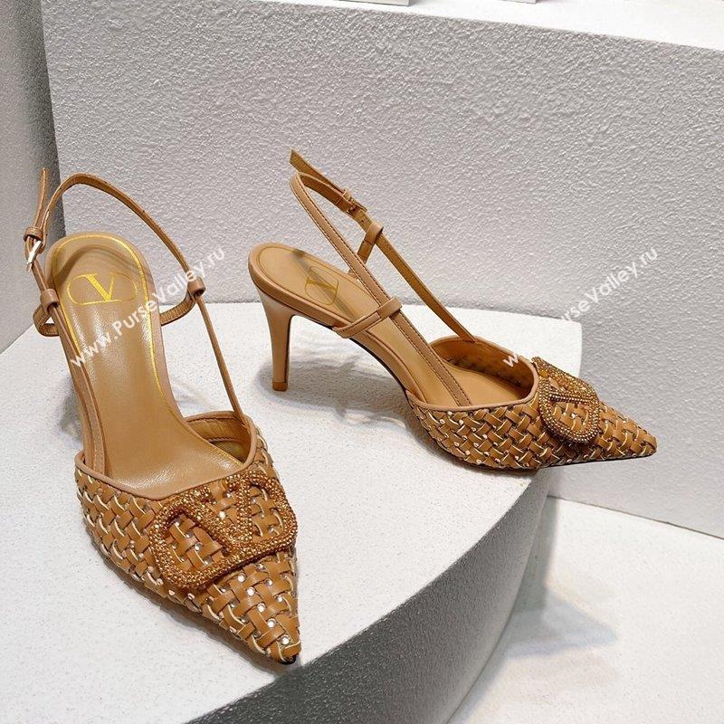 Valentino VLogo Slingback Pumps 7.5cm in Woven Calfskin with Crystals Beige 2023 VT102701 (MD-231027034)