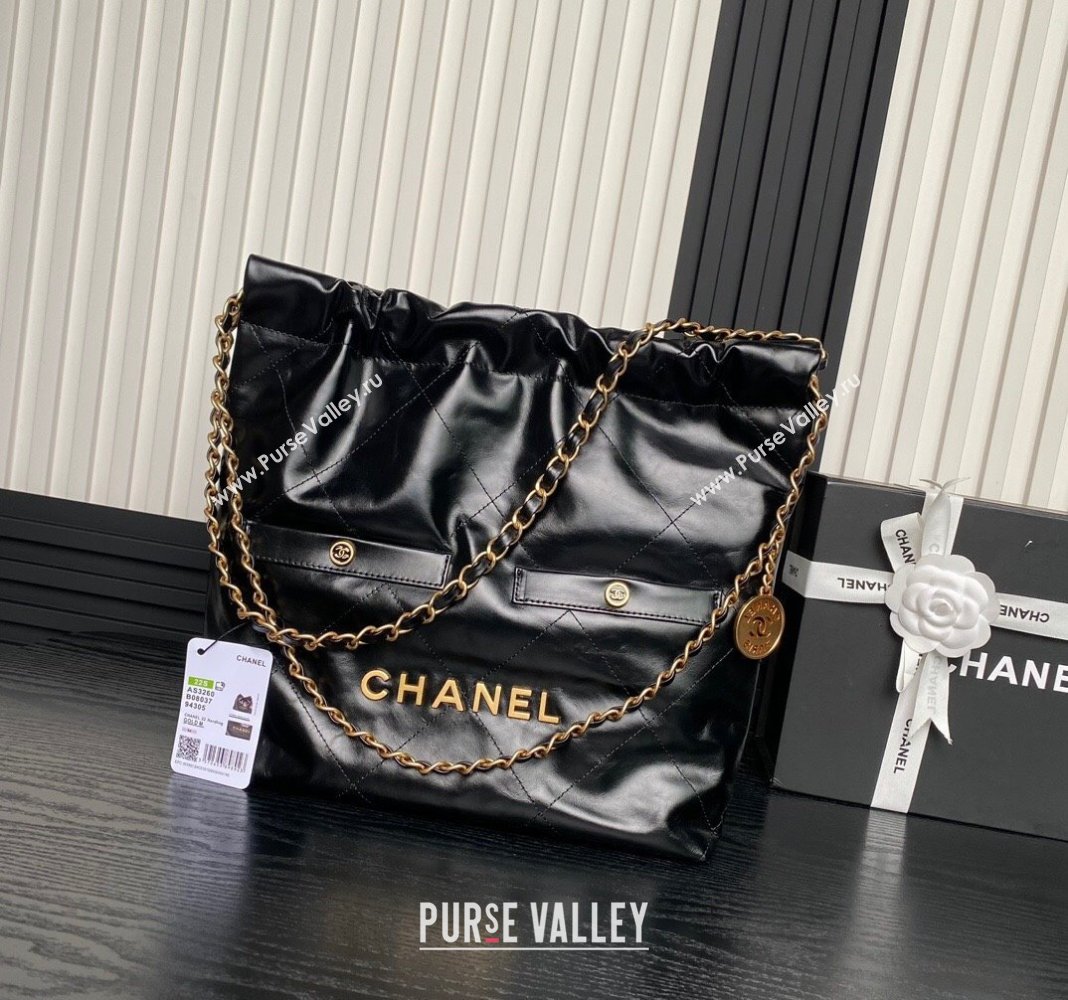 Chanel 22 Shiny Calfskin Small Shopping Bag with Pockets AS3260 Black 2024 (JY-24091407)