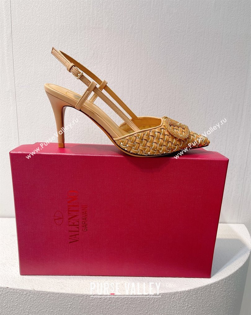 Valentino VLogo Slingback Pumps 7.5cm in Woven Calfskin with Crystals Beige 2023 VT102701 (MD-231027034)