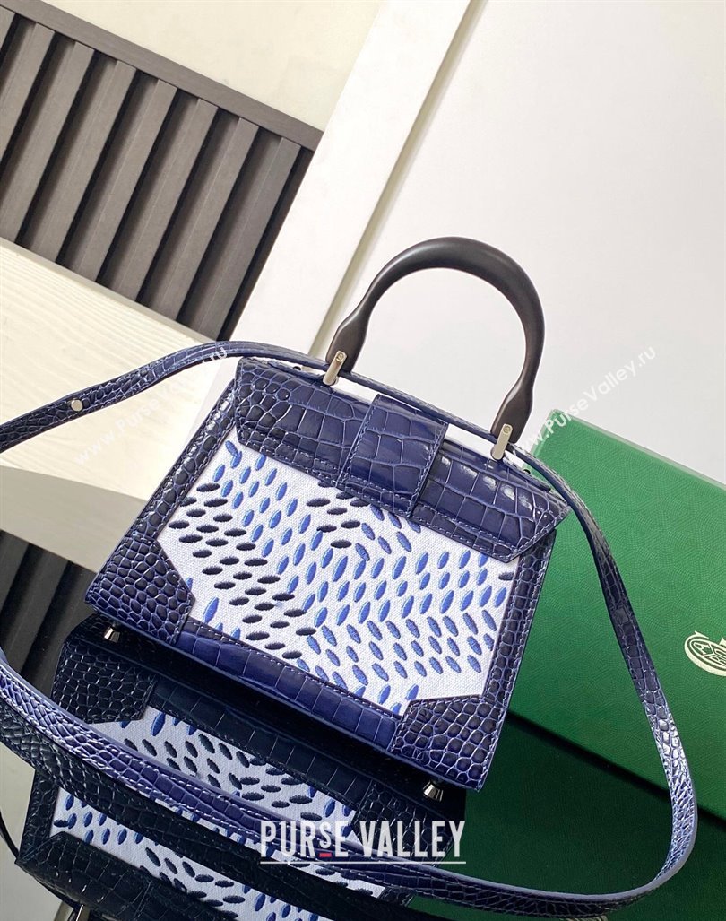 Goyard Saigon Mini Top Handle Bag in Embroidery and Crocodile Embossed Leather Navy Blue 2024 020173 (ZHANG-240920095)