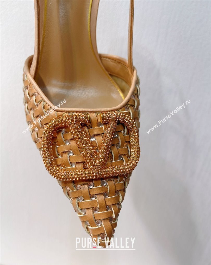 Valentino VLogo Slingback Pumps 7.5cm in Woven Calfskin with Crystals Beige 2023 VT102701 (MD-231027034)