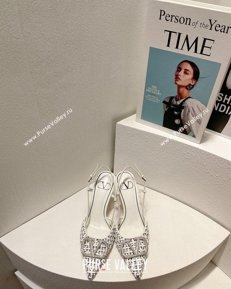 Valentino VLogo Slingback Pumps 7.5cm in Woven Calfskin with Crystals White 2023 VT102701 (MD-231027035)