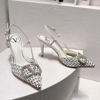 Valentino VLogo Slingback Pumps 7.5cm in Woven Calfskin with Crystals White 2023 VT102701 (MD-231027035)