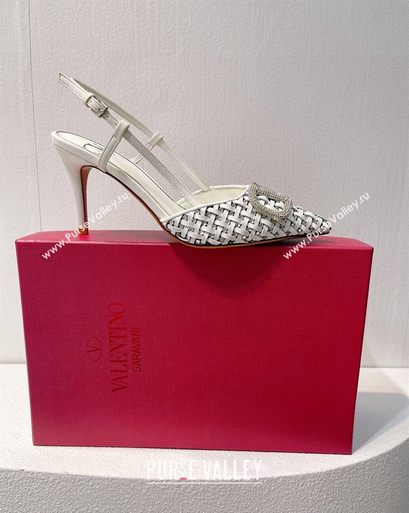 Valentino VLogo Slingback Pumps 7.5cm in Woven Calfskin with Crystals White 2023 VT102701 (MD-231027035)