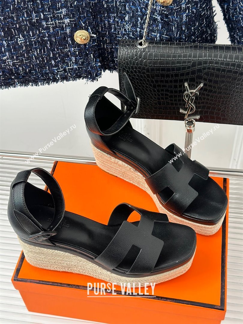 Hermes Elda Grainy Calfskin Platform Wedge Sandals Black 2024 (MD-24052303)