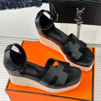 Hermes Elda Grainy Calfskin Platform Wedge Sandals Black 2024 (MD-24052303)