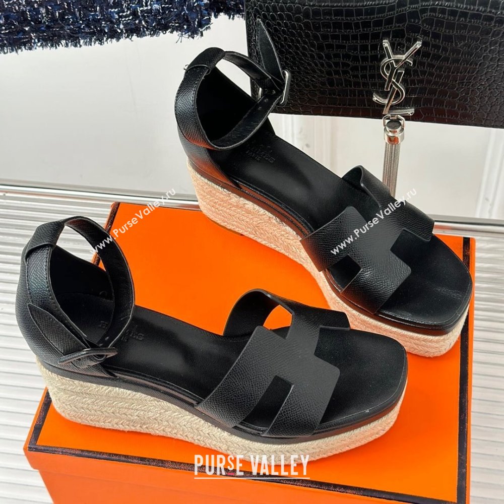 Hermes Elda Grainy Calfskin Platform Wedge Sandals Black 2024 (MD-24052303)