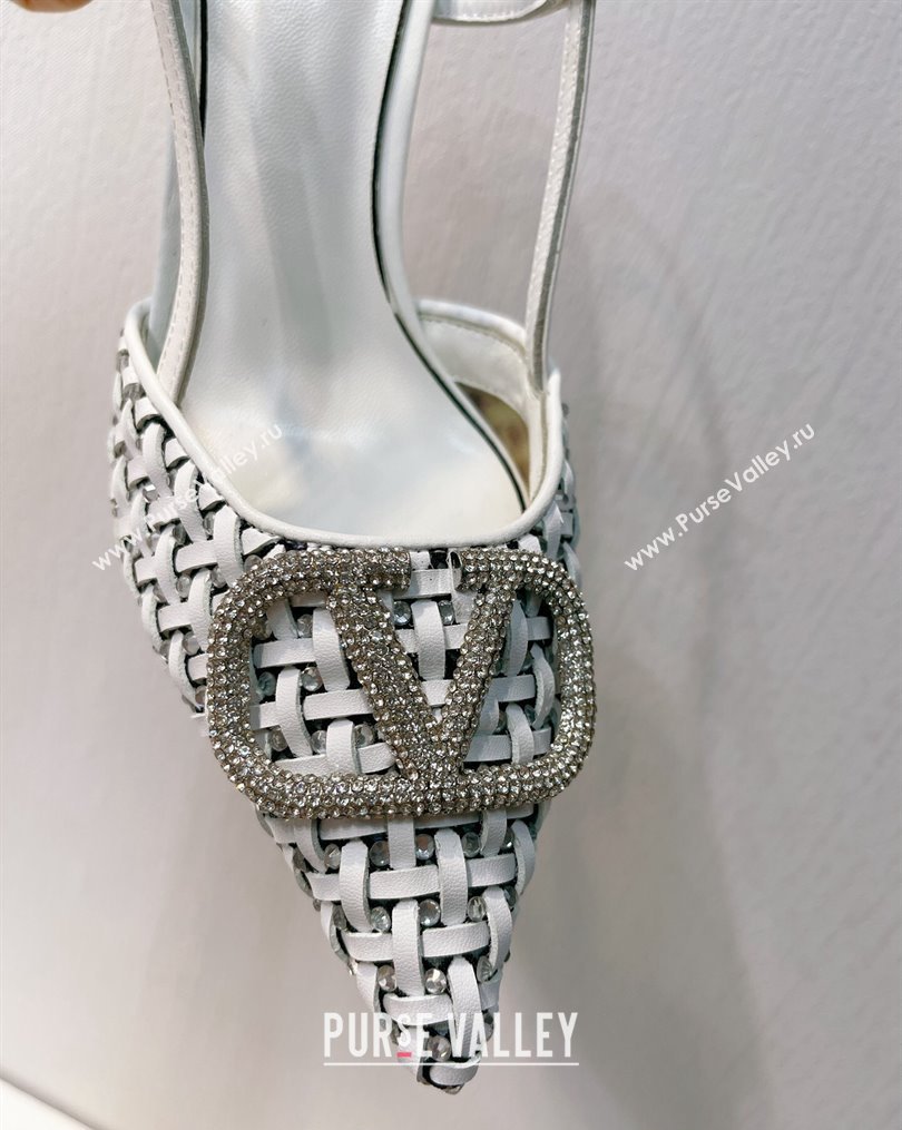 Valentino VLogo Slingback Pumps 7.5cm in Woven Calfskin with Crystals White 2023 VT102701 (MD-231027035)