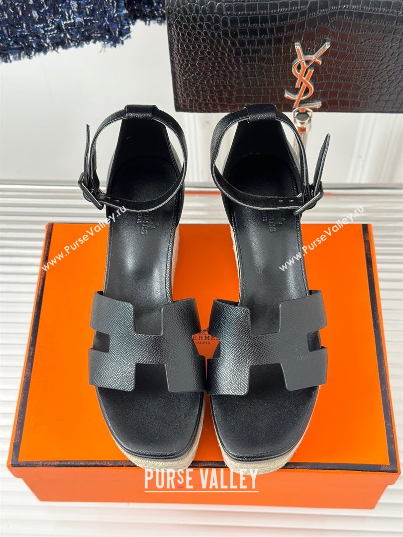 Hermes Elda Grainy Calfskin Platform Wedge Sandals Black 2024 (MD-24052303)