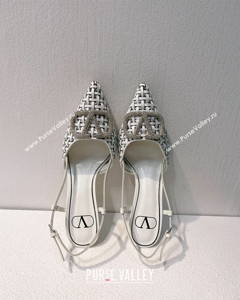 Valentino VLogo Slingback Pumps 7.5cm in Woven Calfskin with Crystals White 2023 VT102701 (MD-231027035)