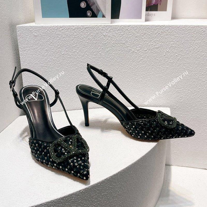 Valentino VLogo Slingback Pumps 7.5cm in Woven Calfskin with Crystals Black 2023 VT102701 (MD-231027036)