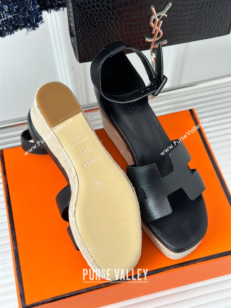 Hermes Elda Grainy Calfskin Platform Wedge Sandals Black 2024 (MD-24052303)