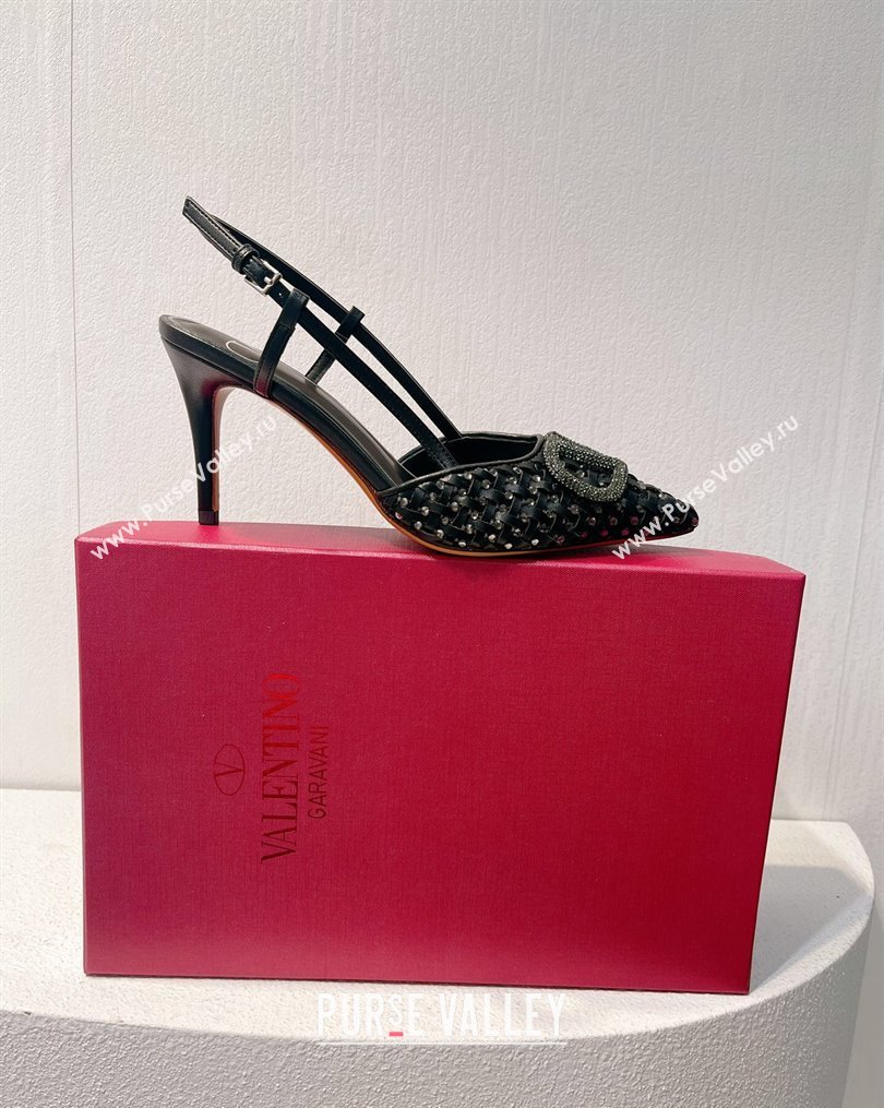 Valentino VLogo Slingback Pumps 7.5cm in Woven Calfskin with Crystals Black 2023 VT102701 (MD-231027036)