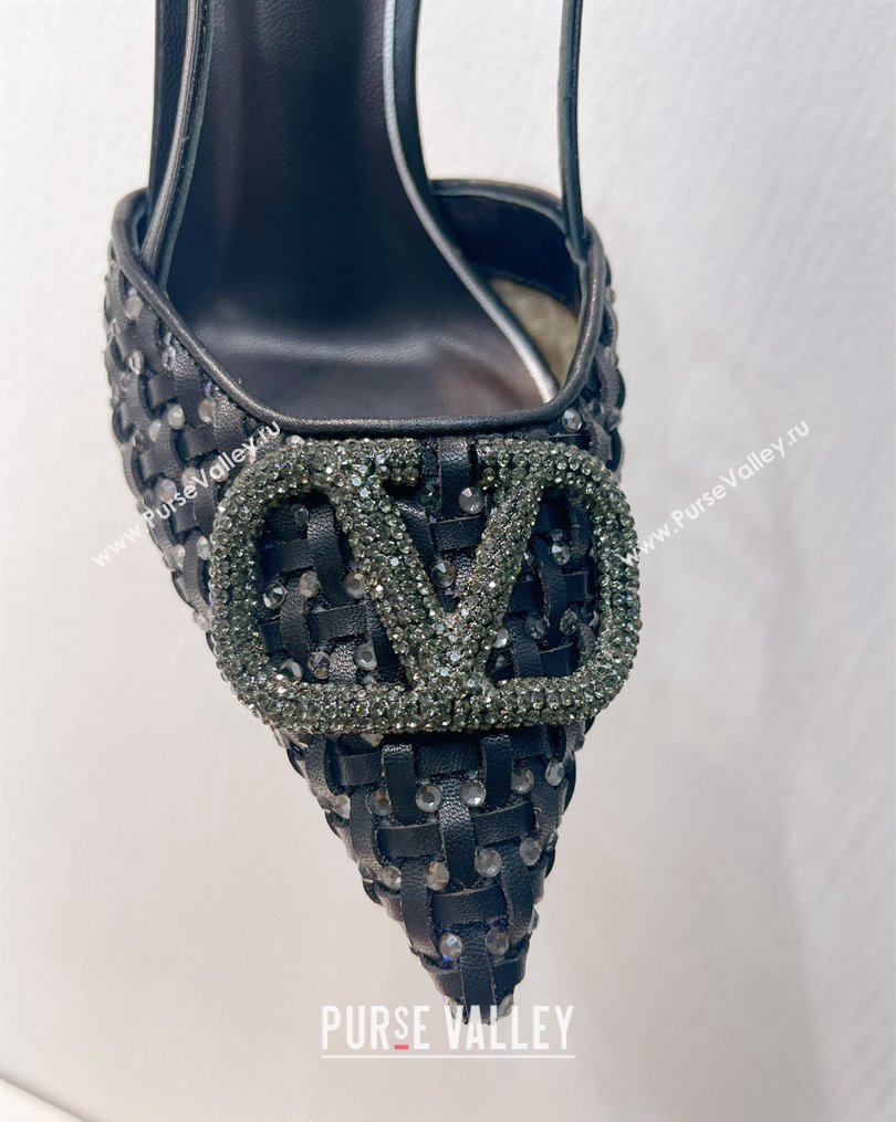 Valentino VLogo Slingback Pumps 7.5cm in Woven Calfskin with Crystals Black 2023 VT102701 (MD-231027036)