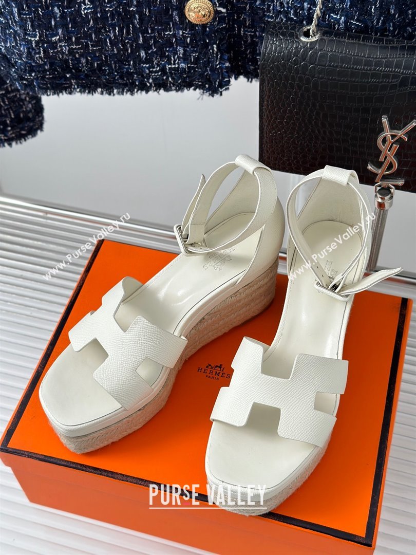 Hermes Elda Grainy Calfskin Platform Wedge Sandals White 2024 (MD-24052302)