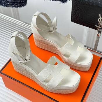 Hermes Elda Grainy Calfskin Platform Wedge Sandals White 2024 (MD-24052302)