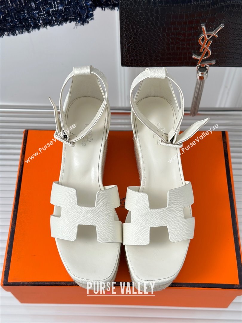 Hermes Elda Grainy Calfskin Platform Wedge Sandals White 2024 (MD-24052302)