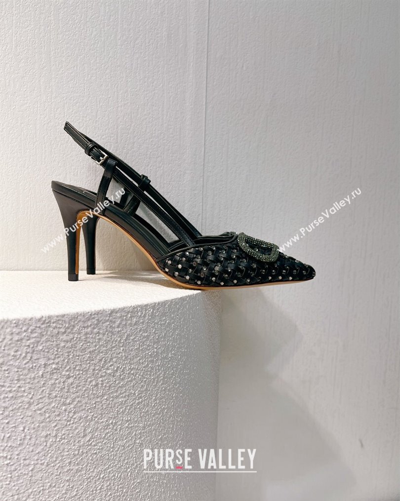 Valentino VLogo Slingback Pumps 7.5cm in Woven Calfskin with Crystals Black 2023 VT102701 (MD-231027036)