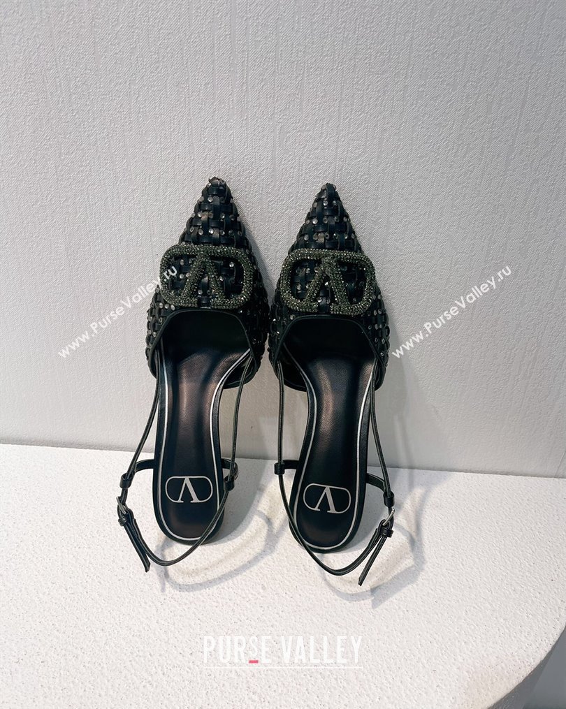 Valentino VLogo Slingback Pumps 7.5cm in Woven Calfskin with Crystals Black 2023 VT102701 (MD-231027036)