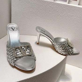 Valentino VLogo Heel Slide Sandals 7.5cm in Woven Calfskin with Crystals Silver 2023 VT102701 (MD-231027037)