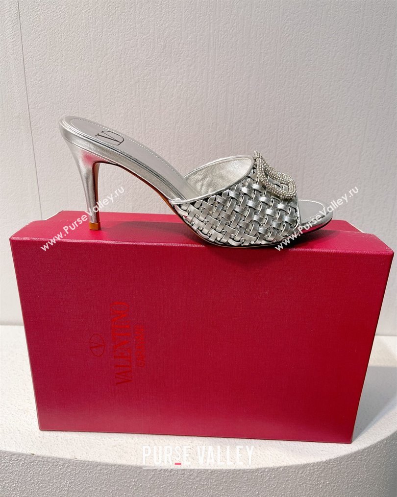 Valentino VLogo Heel Slide Sandals 7.5cm in Woven Calfskin with Crystals Silver 2023 VT102701 (MD-231027037)