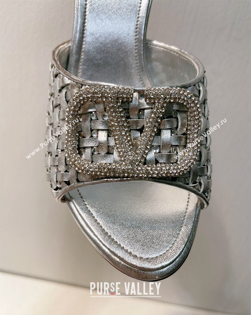 Valentino VLogo Heel Slide Sandals 7.5cm in Woven Calfskin with Crystals Silver 2023 VT102701 (MD-231027037)